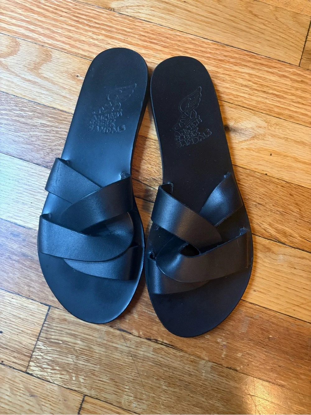 Ancient Greek Sandals Black Leather Crisscross Slide Sandals